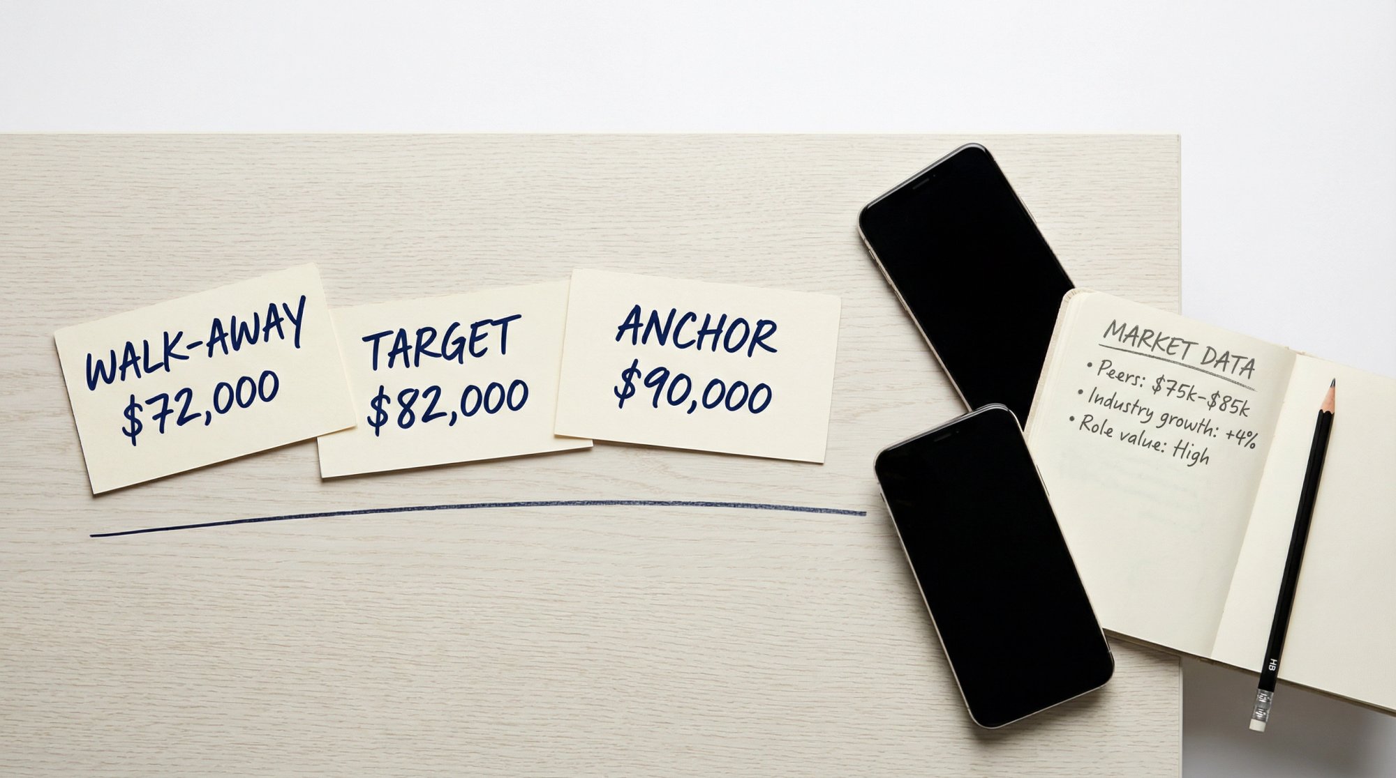 Three labeled preparation cards showing Walk-Away, Target, and Anchor numbers as a salary negotiation framework