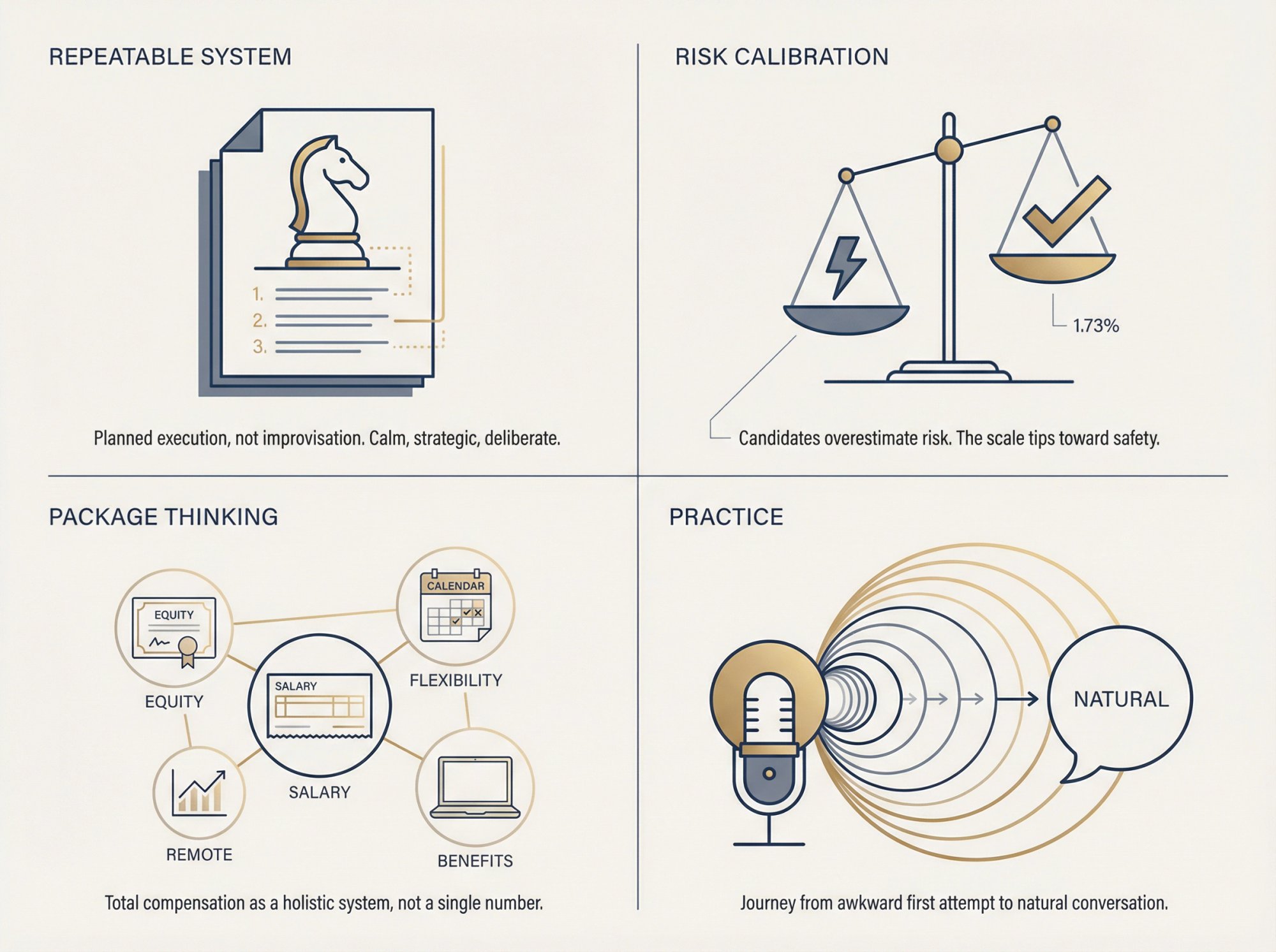 Four pillars of great salary negotiators: system, risk calibration, package thinking, and practice illustrated as a confident professional framework