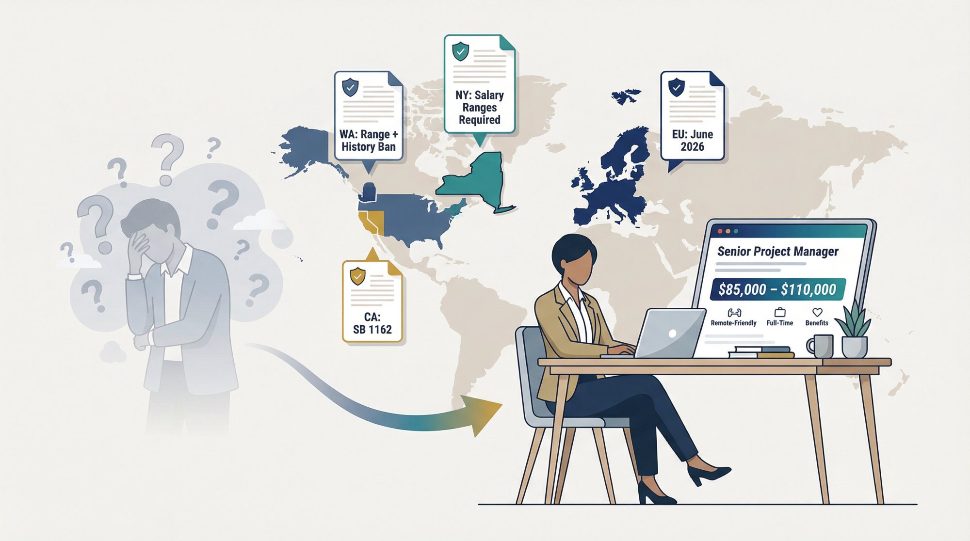 Editorial illustration showing pay transparency laws in New York, Washington, California, and the EU giving job seekers a structural salary negotiation advantage in 2026