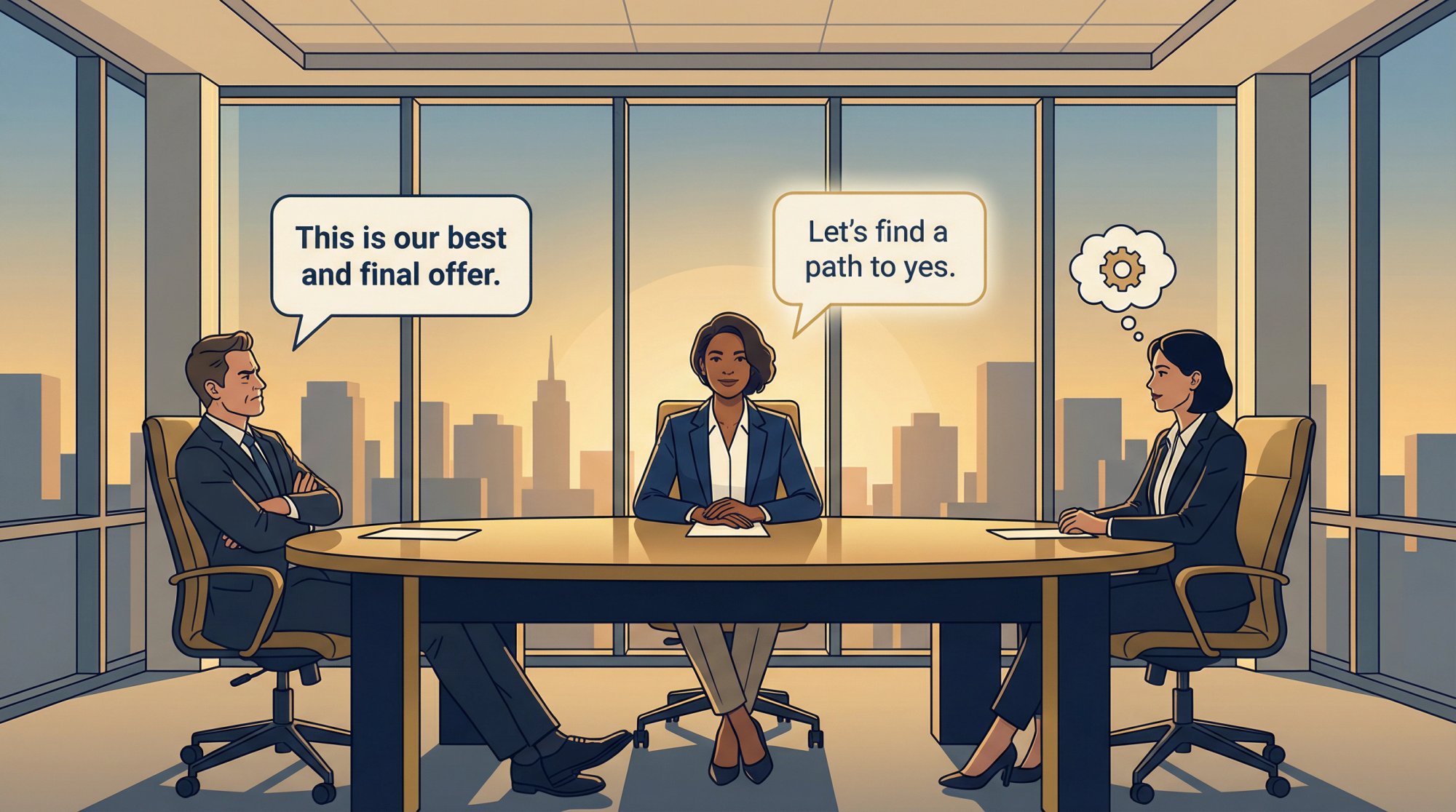 Professional candidate staying calm and composed at a negotiation table while facing salary pushback from a hiring manager