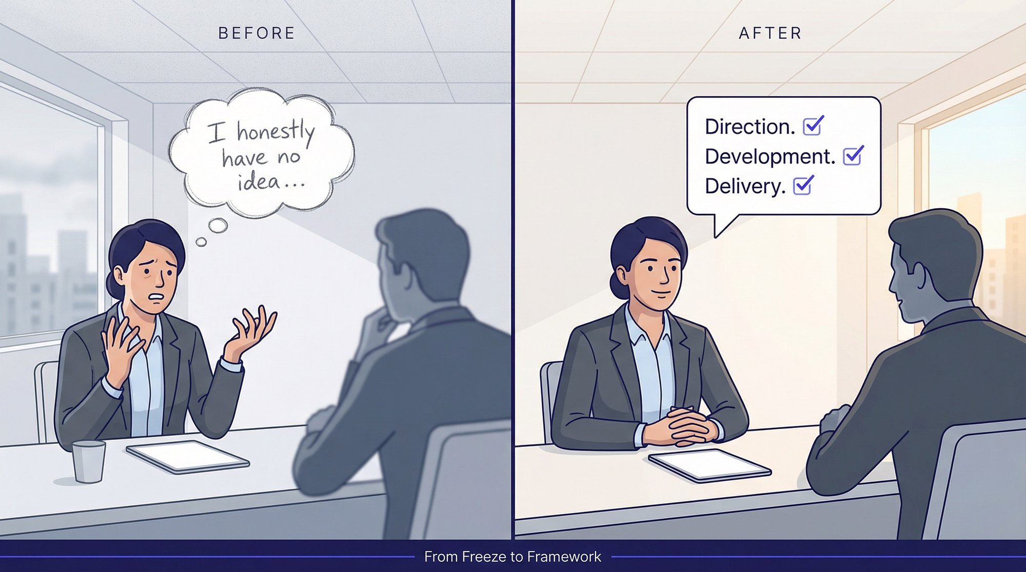 Split editorial illustration: candidate freezing at 5-year interview question on left, confidently answering with a clear framework on right