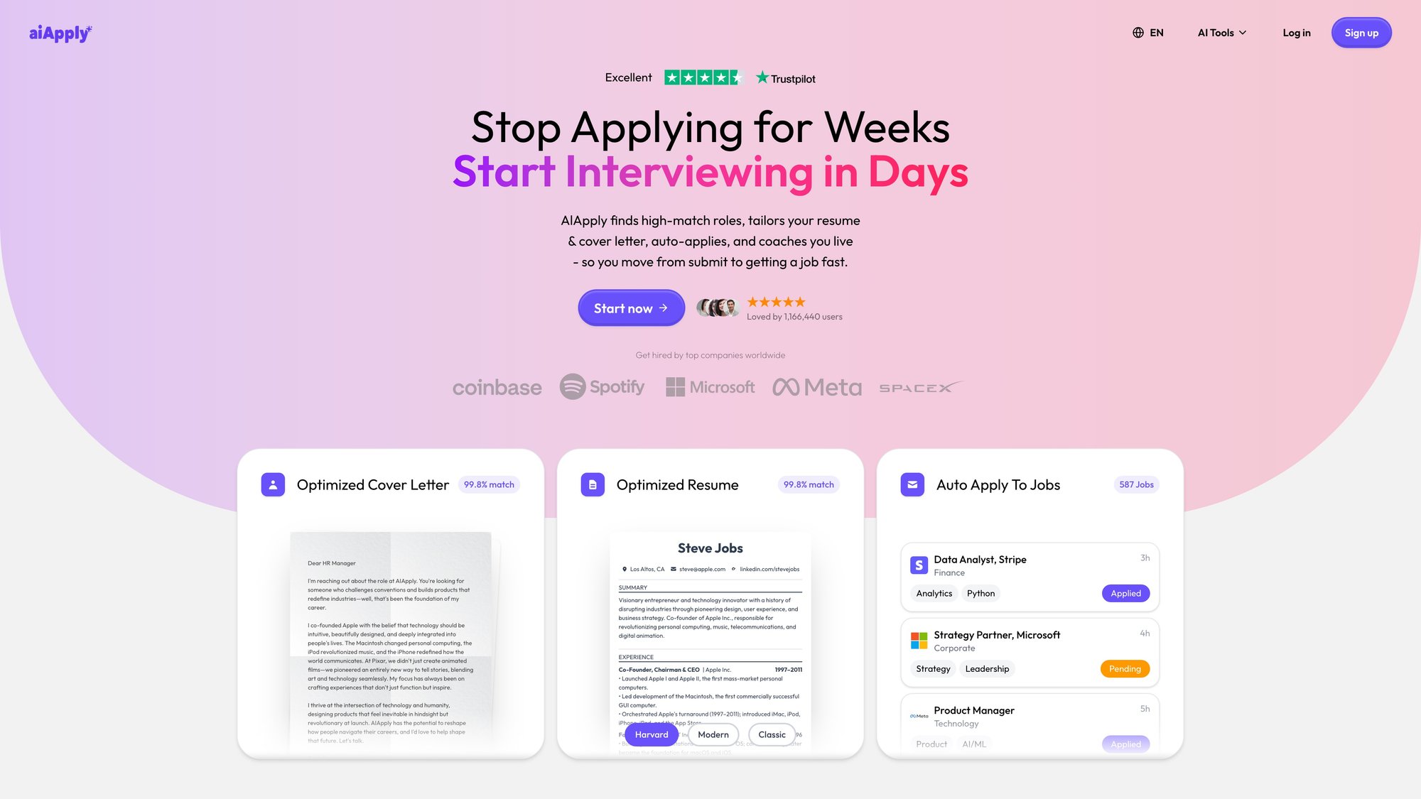 AIApply homepage showing "Stop Applying for Weeks, Start Interviewing in Days" with Trustpilot rating and product UI cards