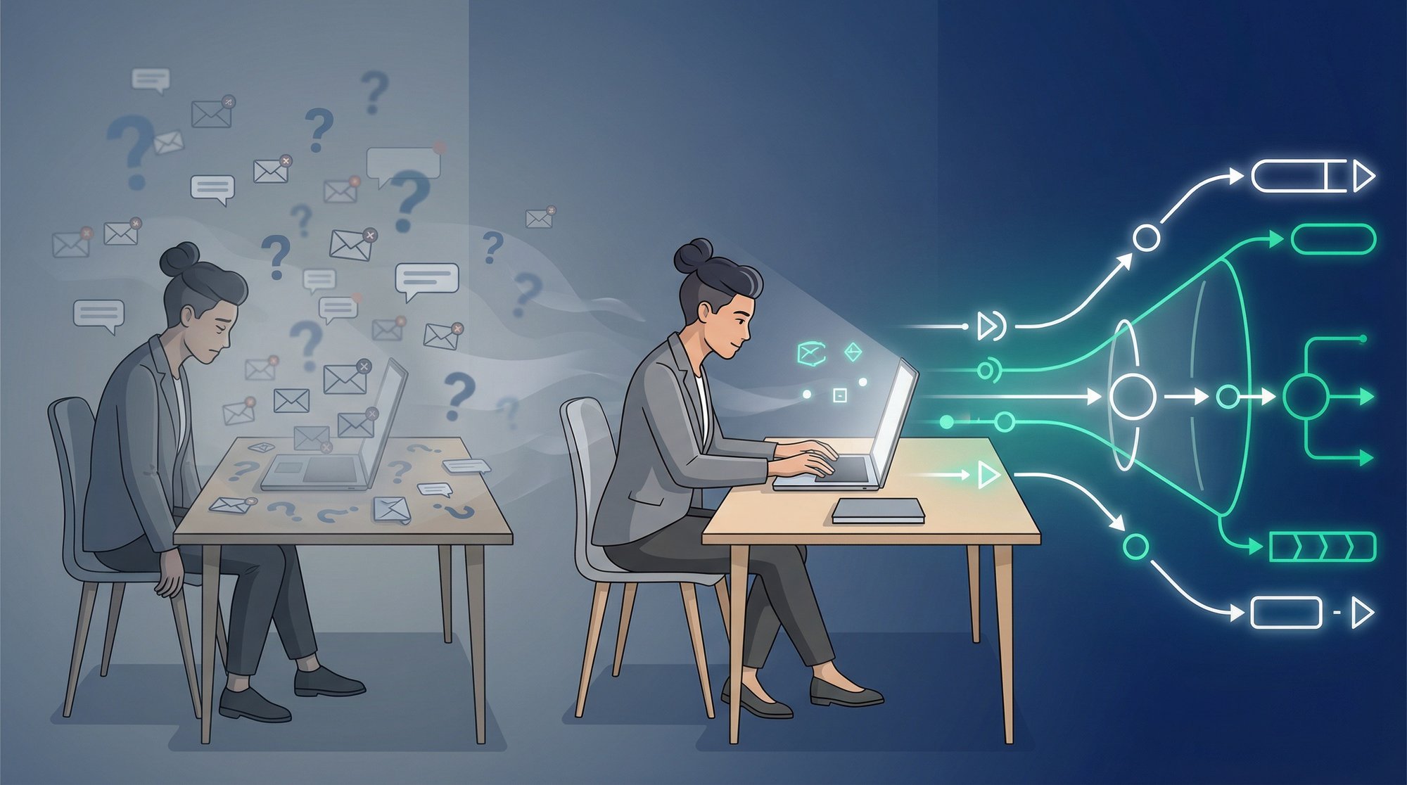 Determined job seeker at desk transitioning from scattered rejections to a clear strategic path forward, editorial illustration