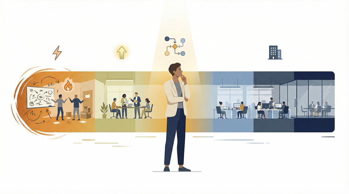 Editorial illustration of a job seeker choosing their startup stage on a spectrum from seed-stage chaos to late-stage stability