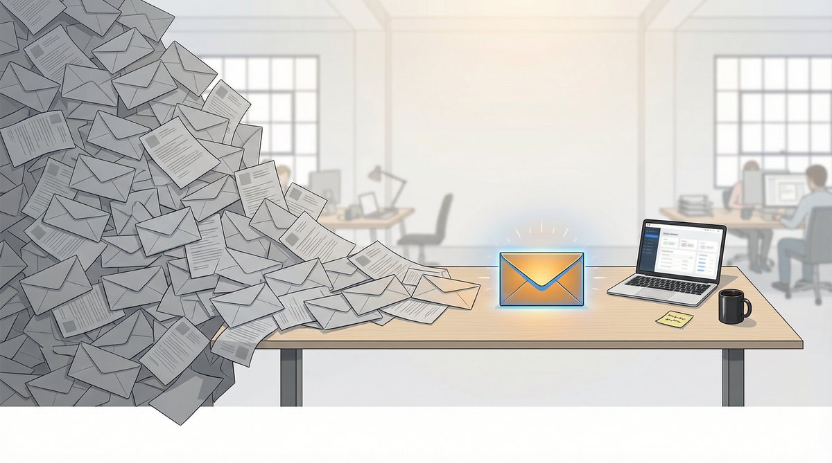 Editorial illustration showing one glowing resume standing out from hundreds of identical gray envelopes flooding a startup founder's desk