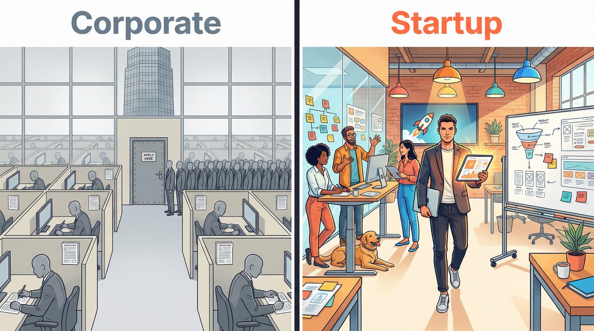 Split-panel editorial illustration contrasting rigid corporate job application process with the dynamic, fast-moving world of startup hiring