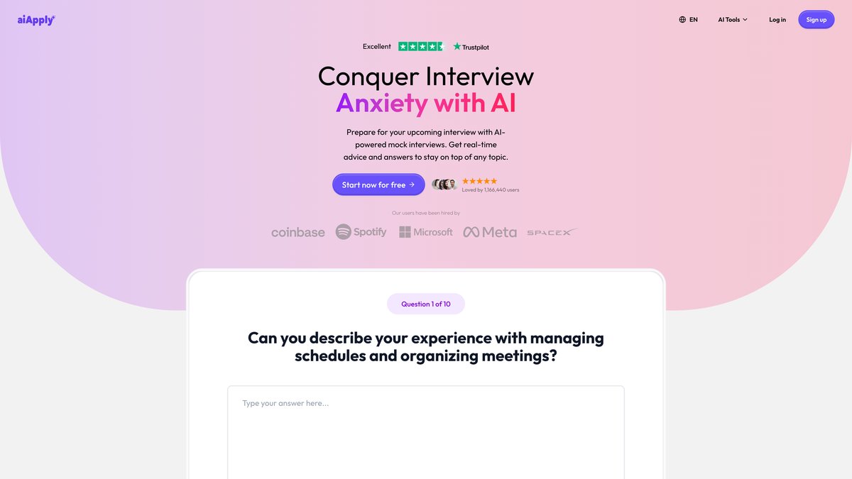 AIApply AI Mock Interview showing Question 1 of 10 with a text input for practicing startup interview answers