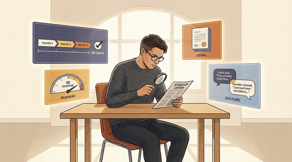 Job candidate scrutinizing a startup offer with four due diligence layers: role clarity, runway, legal status, and culture