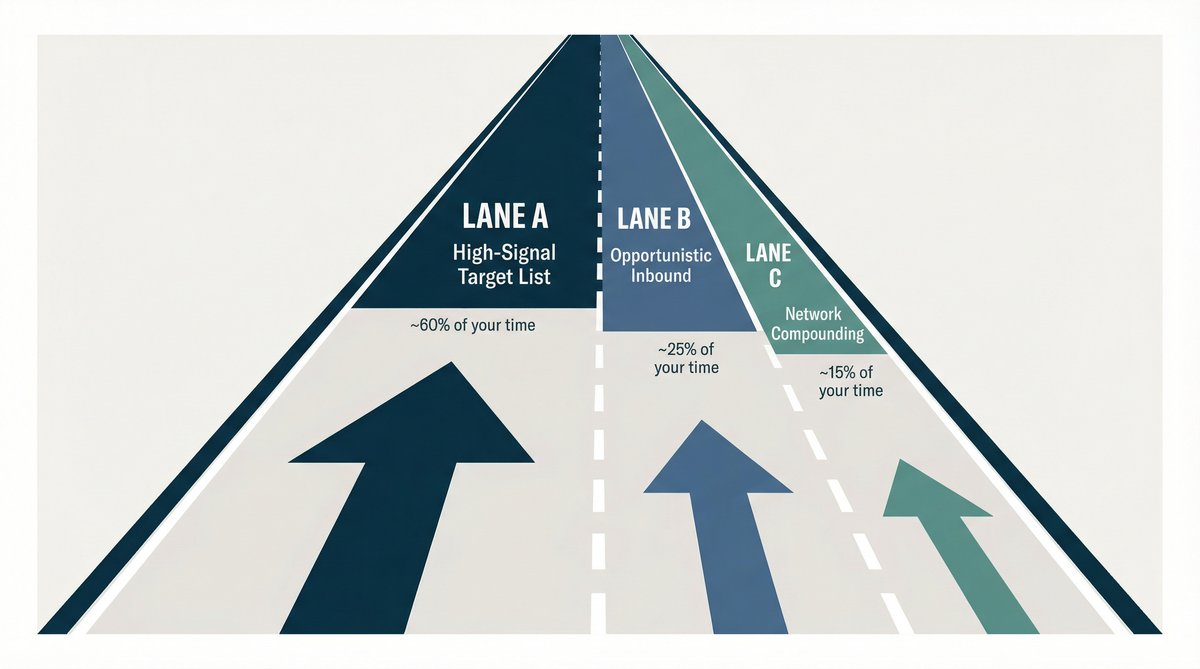 Three-lane strategy diagram for startup job search showing Lane A at 60%, Lane B at 25%, and Lane C at 15% effort allocation