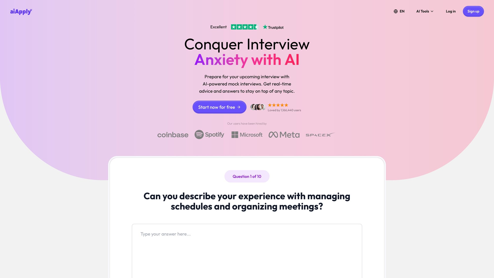 AIApply AI Mock Interview tool interface where overqualified candidates rehearse interview questions with AI feedback before real interviews