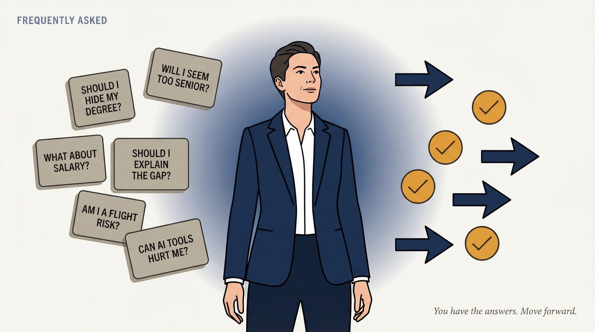 Overqualified professional standing tall as career questions resolve into clear answers — FAQ closing editorial illustration