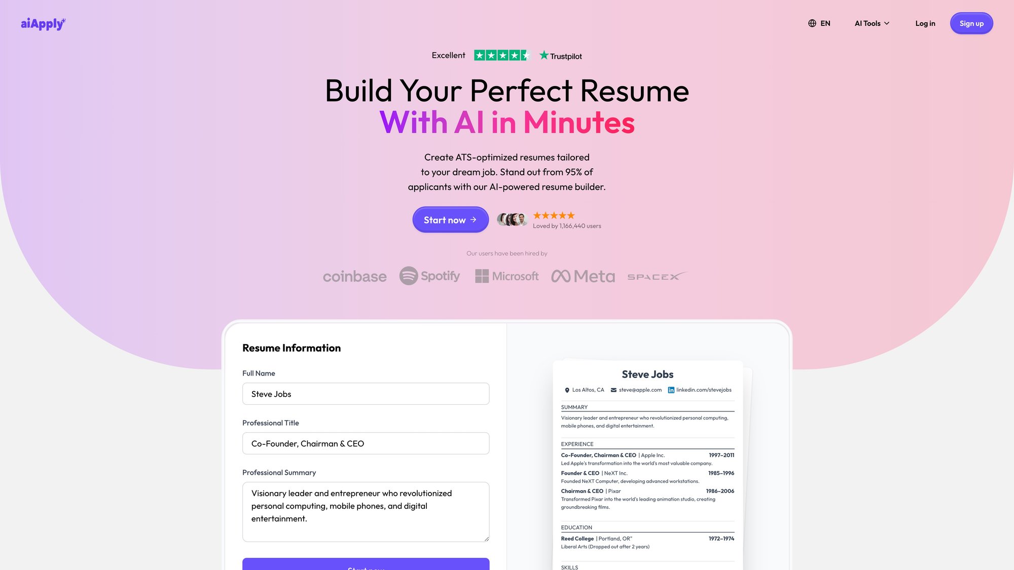 AIApply Resume Builder interface showing "Build Your Perfect Resume With AI in Minutes" with a split-panel UI featuring form inputs and a live resume preview