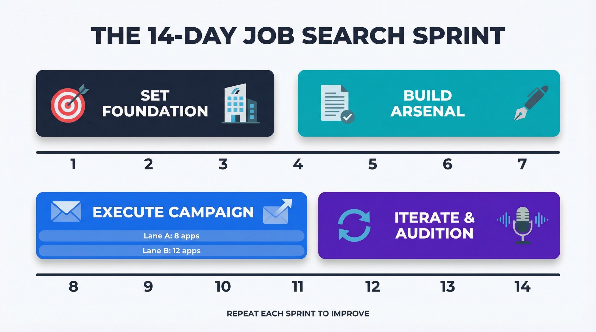 14-day job search sprint plan timeline showing four phases: foundation, arsenal, campaign, and iteration