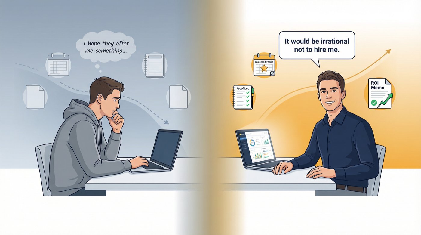 Split-panel illustration showing intern transformation from passive hoping to confident action with three proven steps