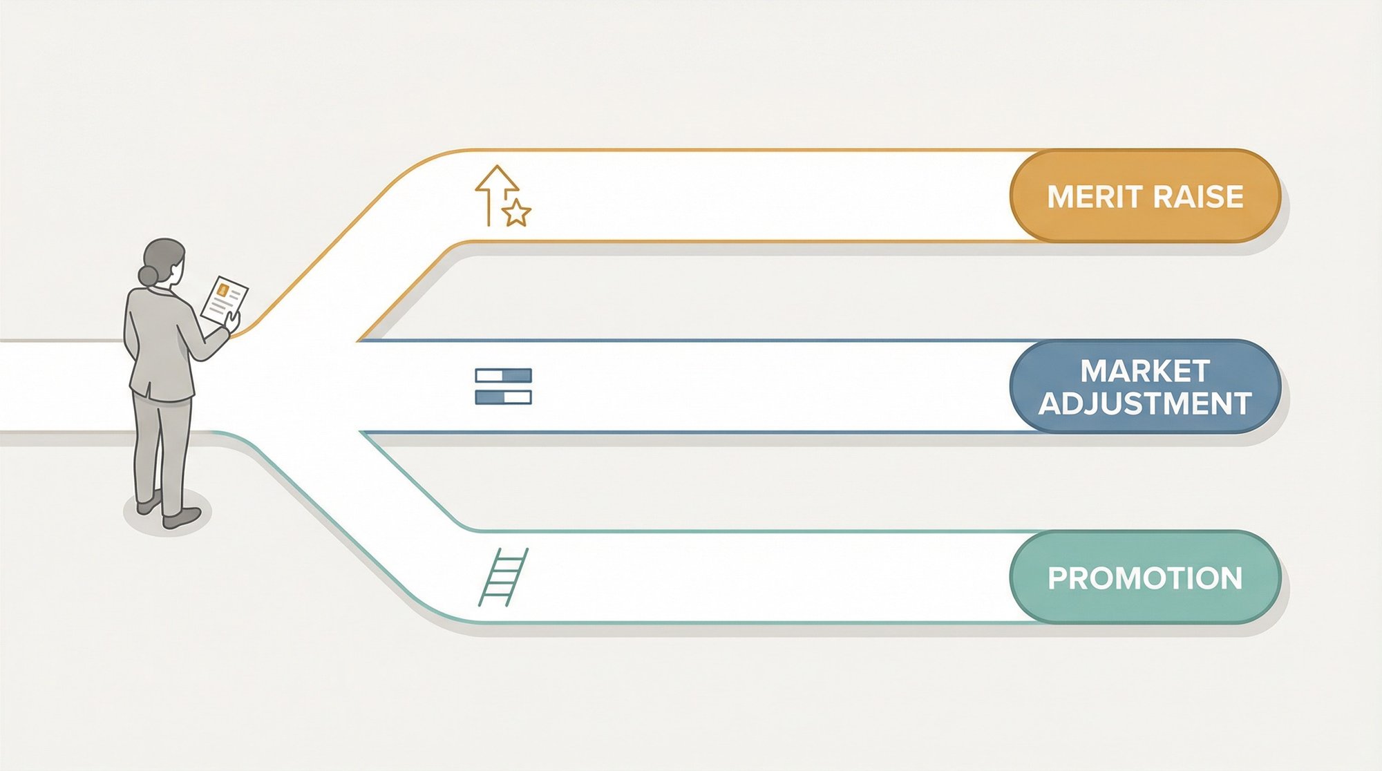 Three distinct salary raise approval paths illustrated as labeled lanes: Merit Raise, Market Adjustment, and Promotion
