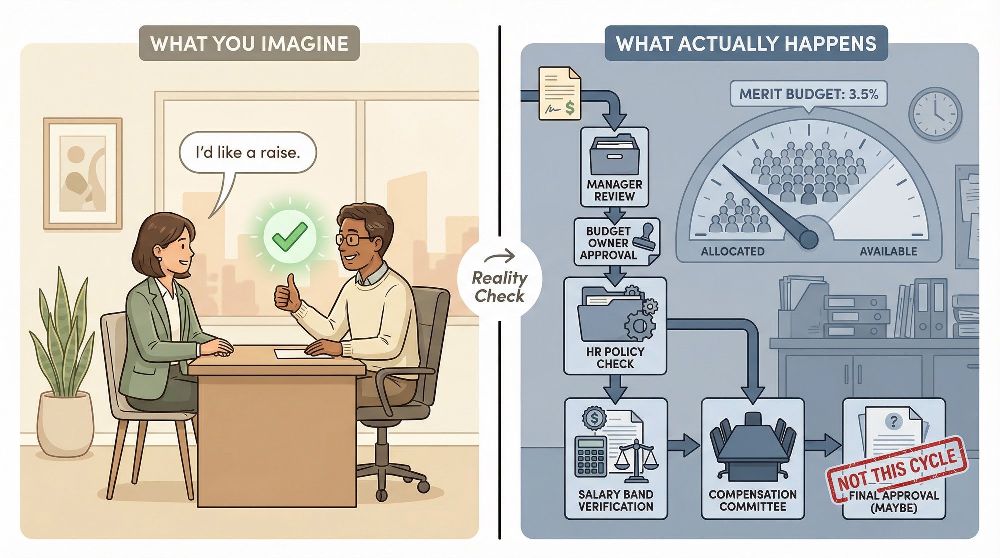 Split illustration showing the naive view of a raise conversation versus the hidden corporate approval machinery behind every pay decision