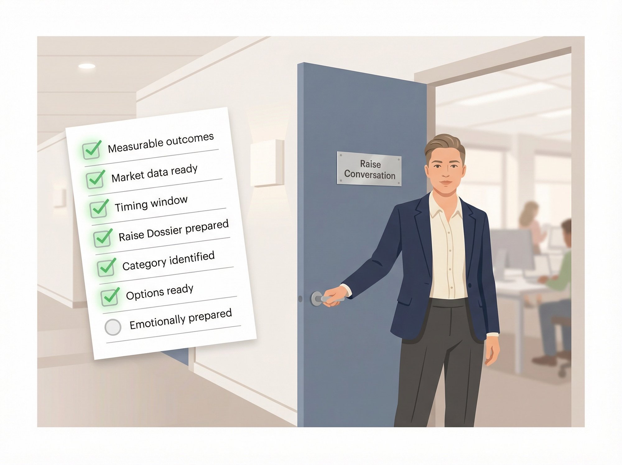 Professional standing confidently at a door threshold with a completed first-year raise checklist, ready to walk into the compensation conversation