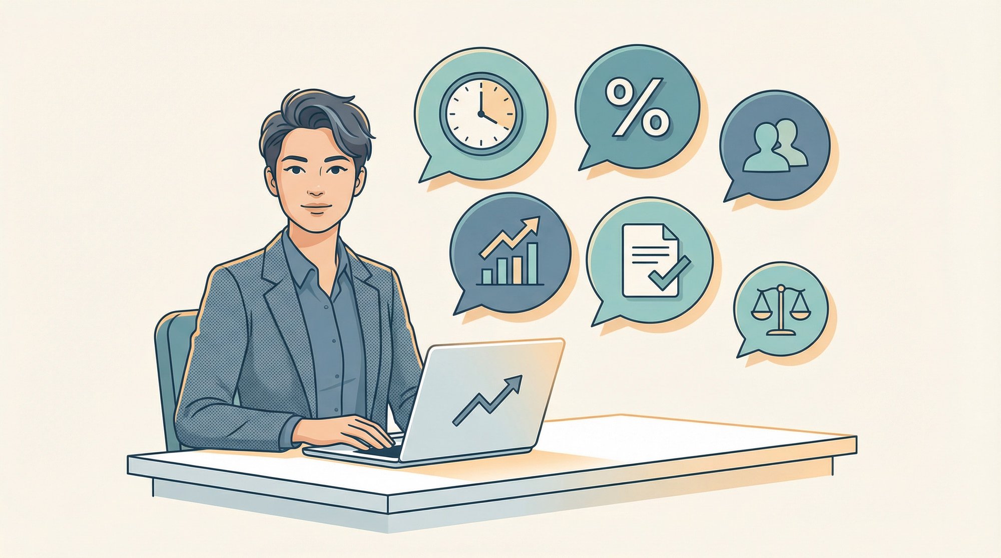 Editorial illustration of a professional at a desk surrounded by floating FAQ bubbles covering raise timing, amount, metrics, and salary adjustment questions