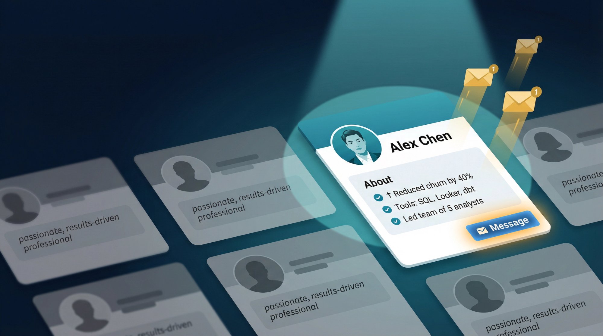 Editorial illustration showing one standout LinkedIn About section glowing with recruiter message notifications while surrounding generic profiles fade into grey