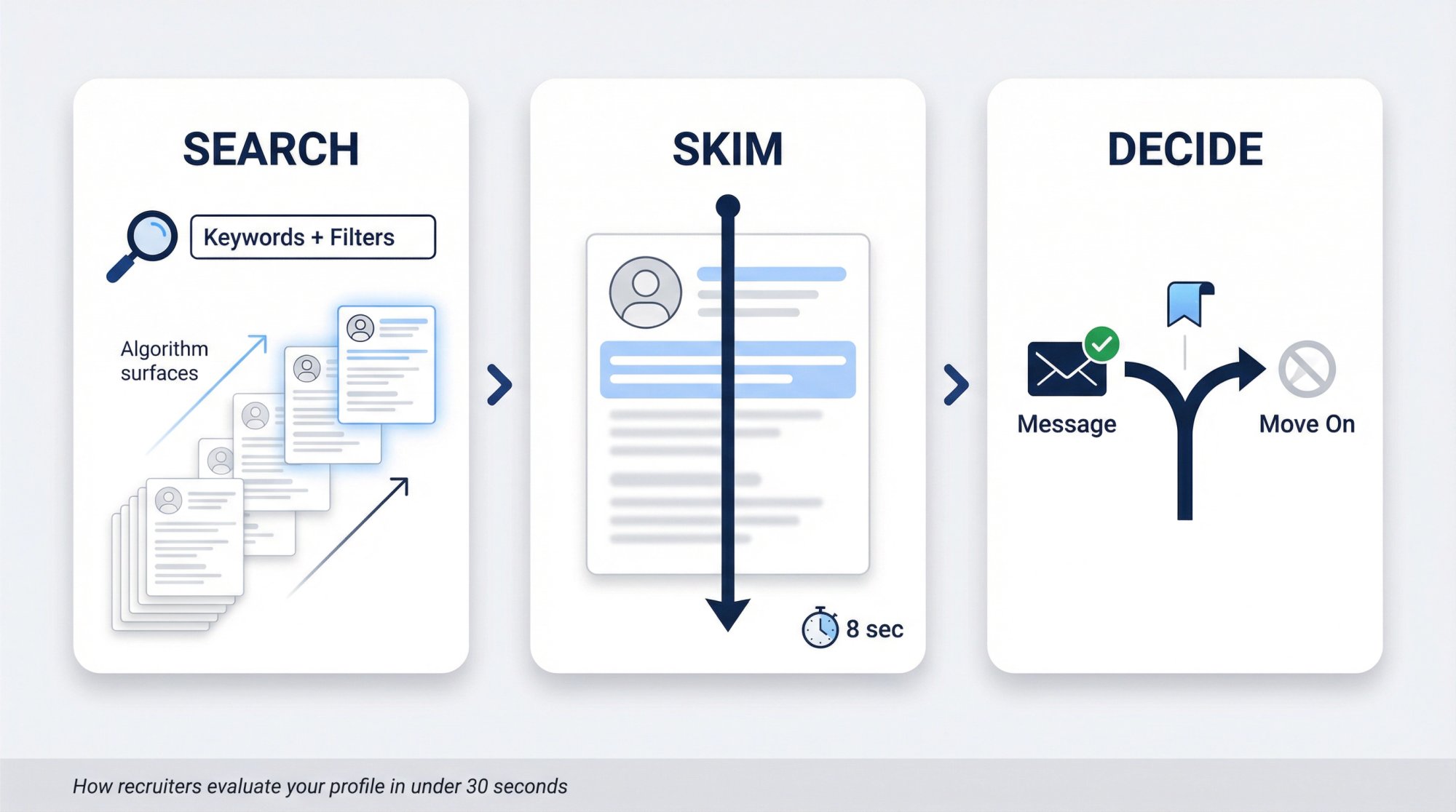 Three-step recruiter workflow: Search using keyword filters, Skim profile in seconds, then Decide to message or move on
