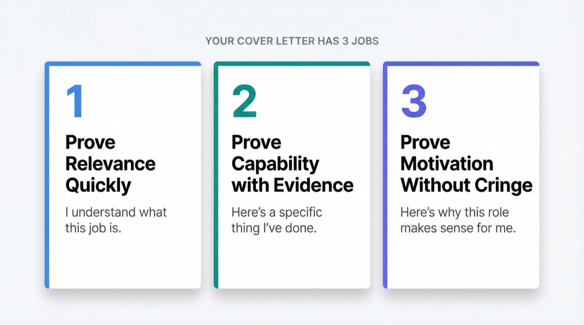 Editorial illustration showing the three jobs of a cover letter: Prove Relevance, Prove Capability, and Prove Motivation