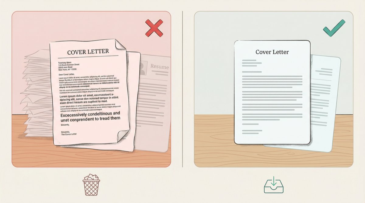 Side-by-side editorial illustration comparing a poorly formatted cover letter that gets rejected versus a clean, well-formatted cover letter that gets read