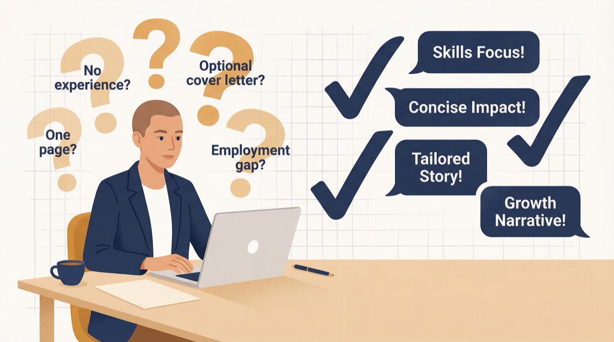 Editorial illustration of a job seeker turning anxious cover letter questions into confident written answers at a modern desk