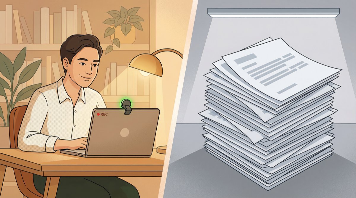 Split-panel illustration comparing a confident person recording a video cover letter on the left versus a stack of identical paper cover letters on the right