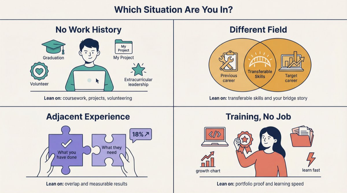 Four job seeker archetypes with no field experience, each showing a different situation and the corresponding strategy to use in a cover letter