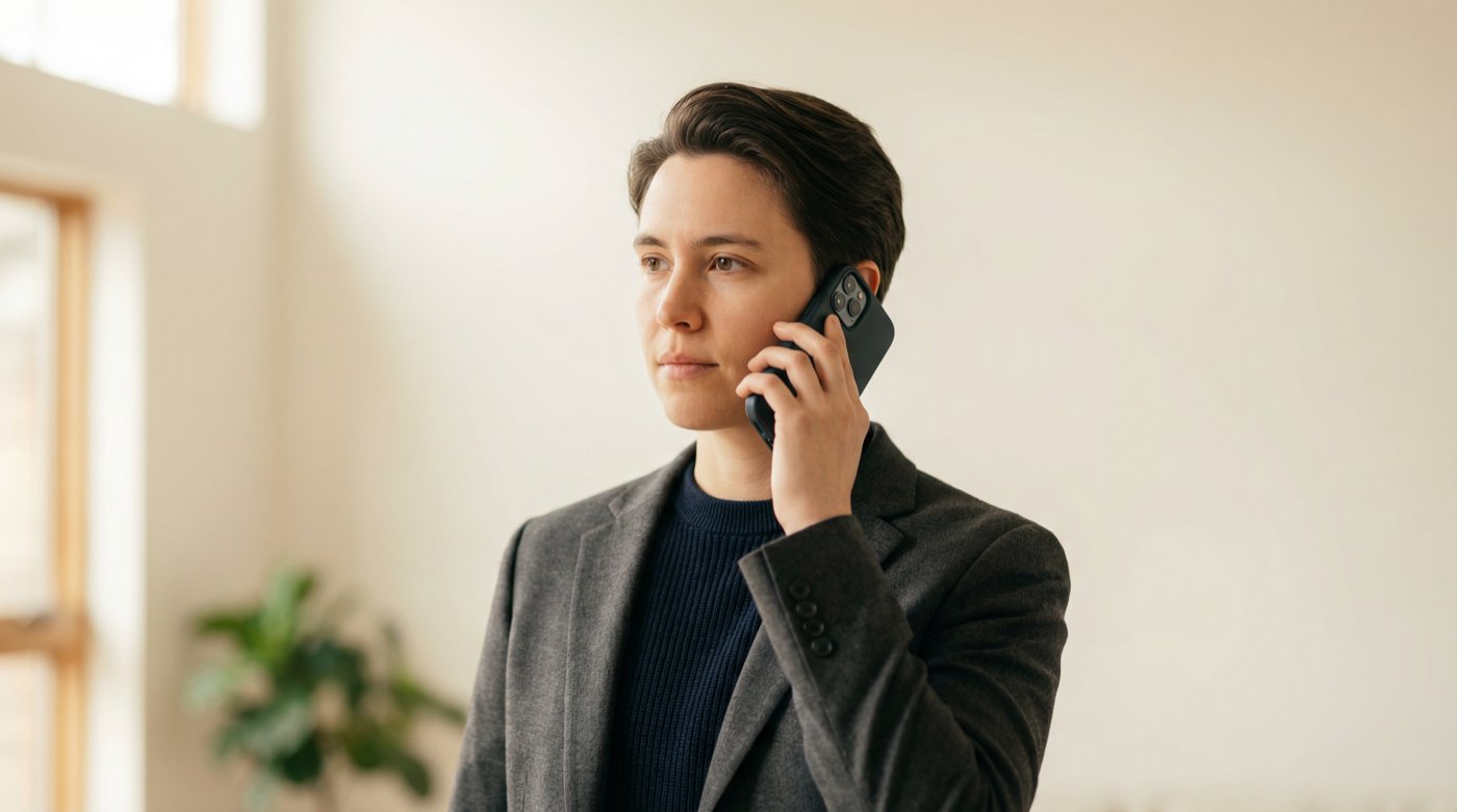 Confident professional making a phone call to decline a job offer, composed and in control