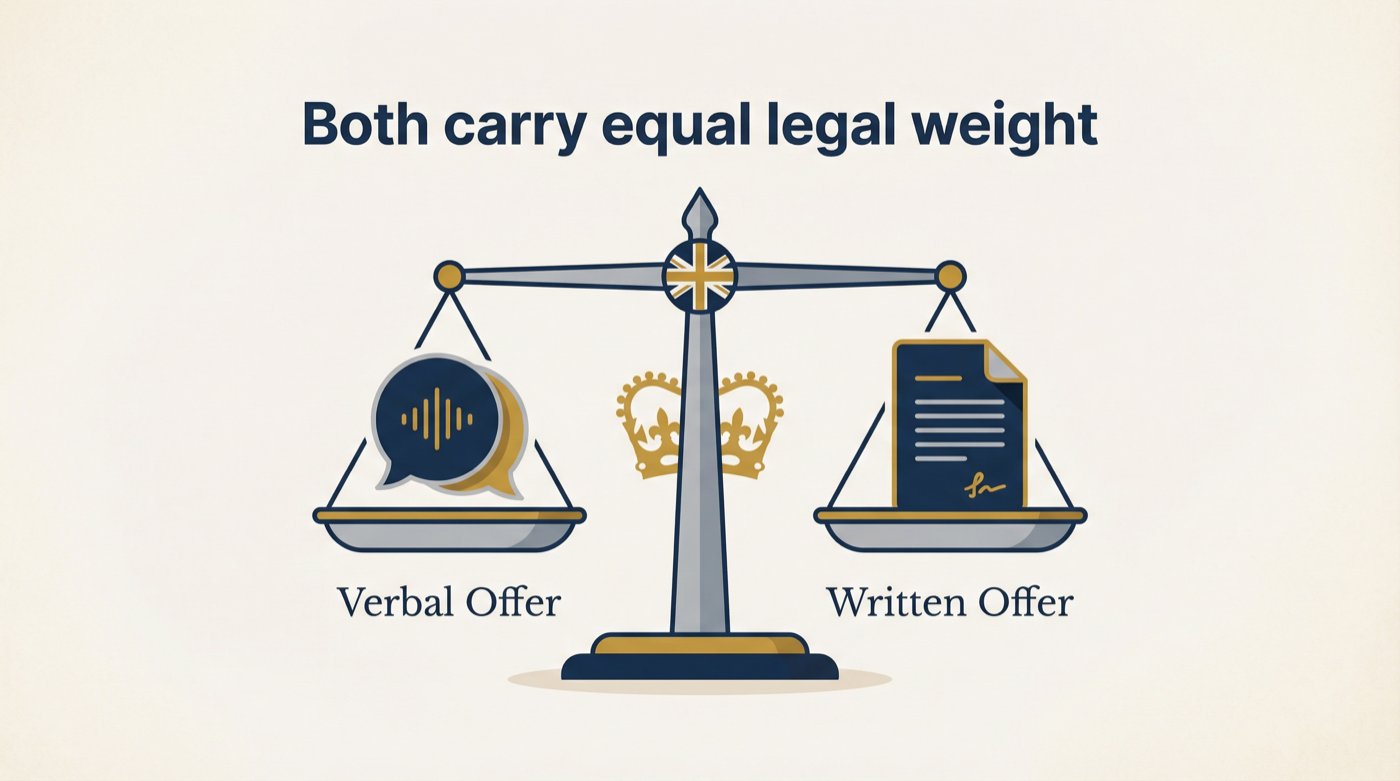 Editorial illustration of balanced scales showing verbal job offer and written contract with equal legal weight under UK employment law