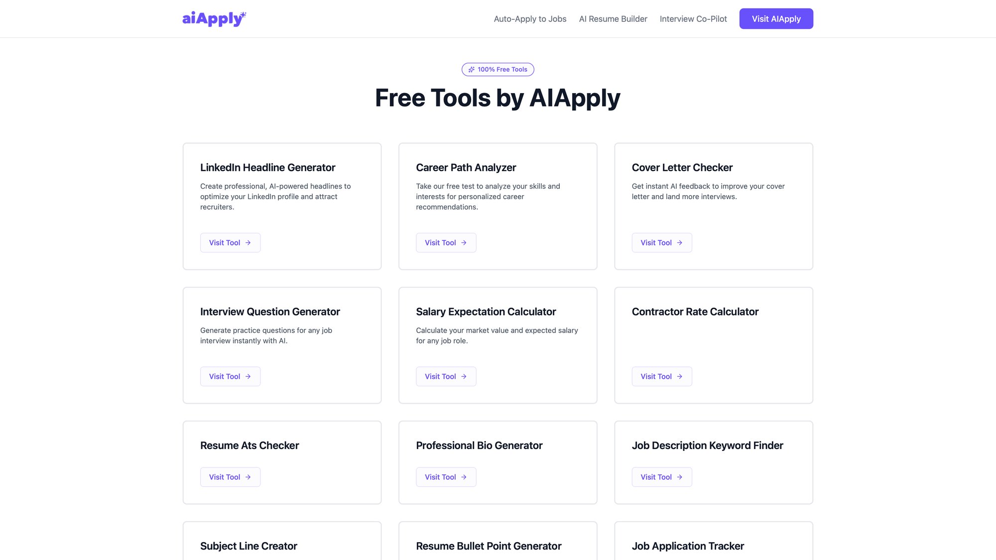 AIApply free tools homepage showing career decision tools including Job Offer Comparison Calculator and salary tools
