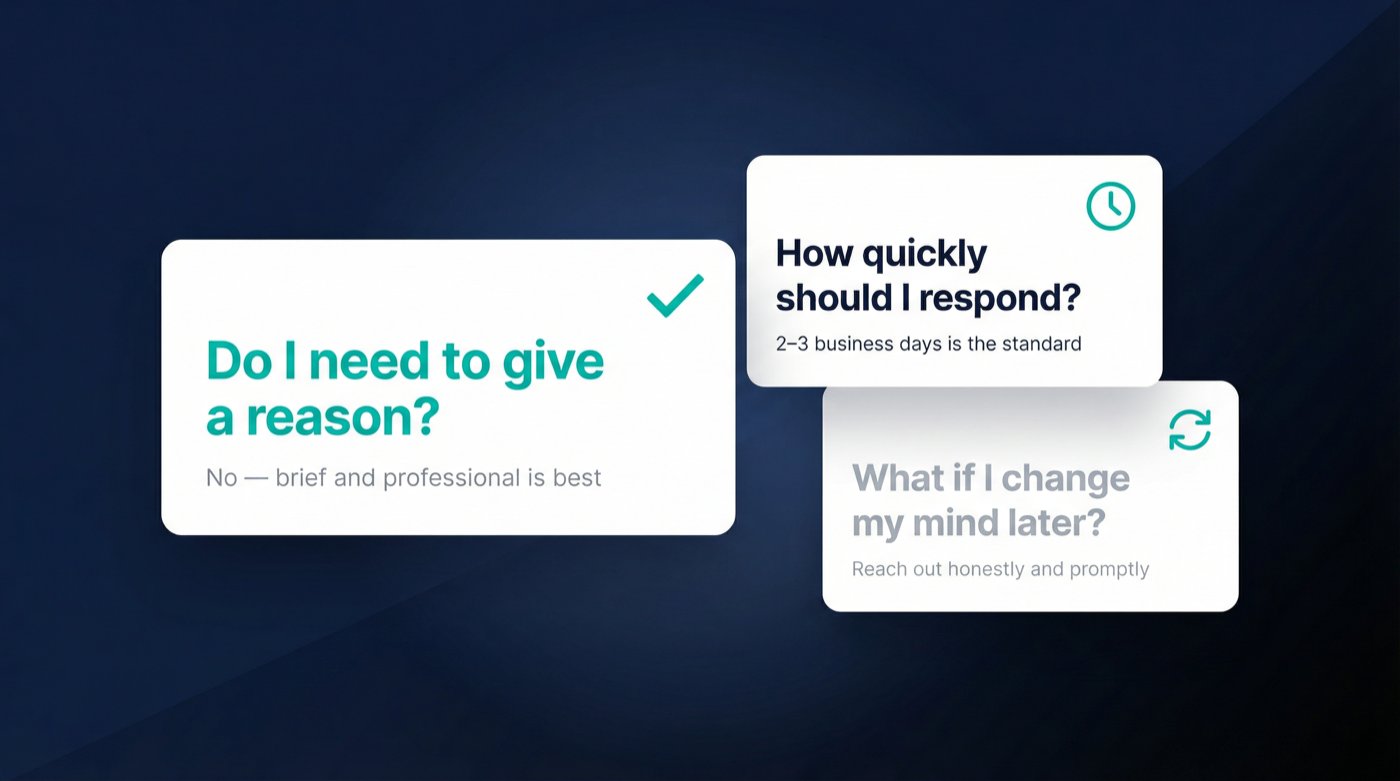 Three clean modern Q&A cards showing common job offer decline questions against a dark navy background
