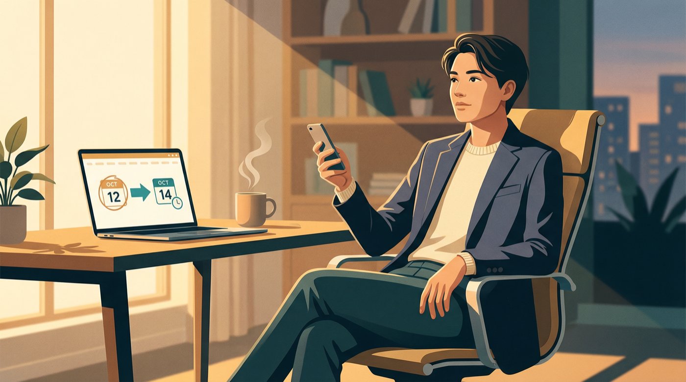 A professional calmly reviewing a job offer at a modern desk, pausing strategically before responding to request more time