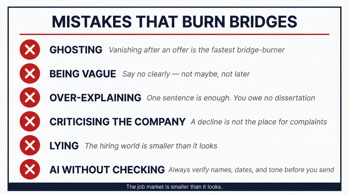 Six job offer decline mistakes that burn bridges illustrated as a professional warning checklist