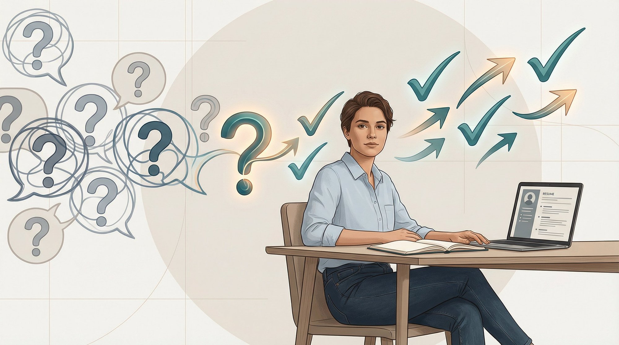 Editorial illustration of a job seeker at a desk with floating question marks transforming into clear directional answers and checkmarks
