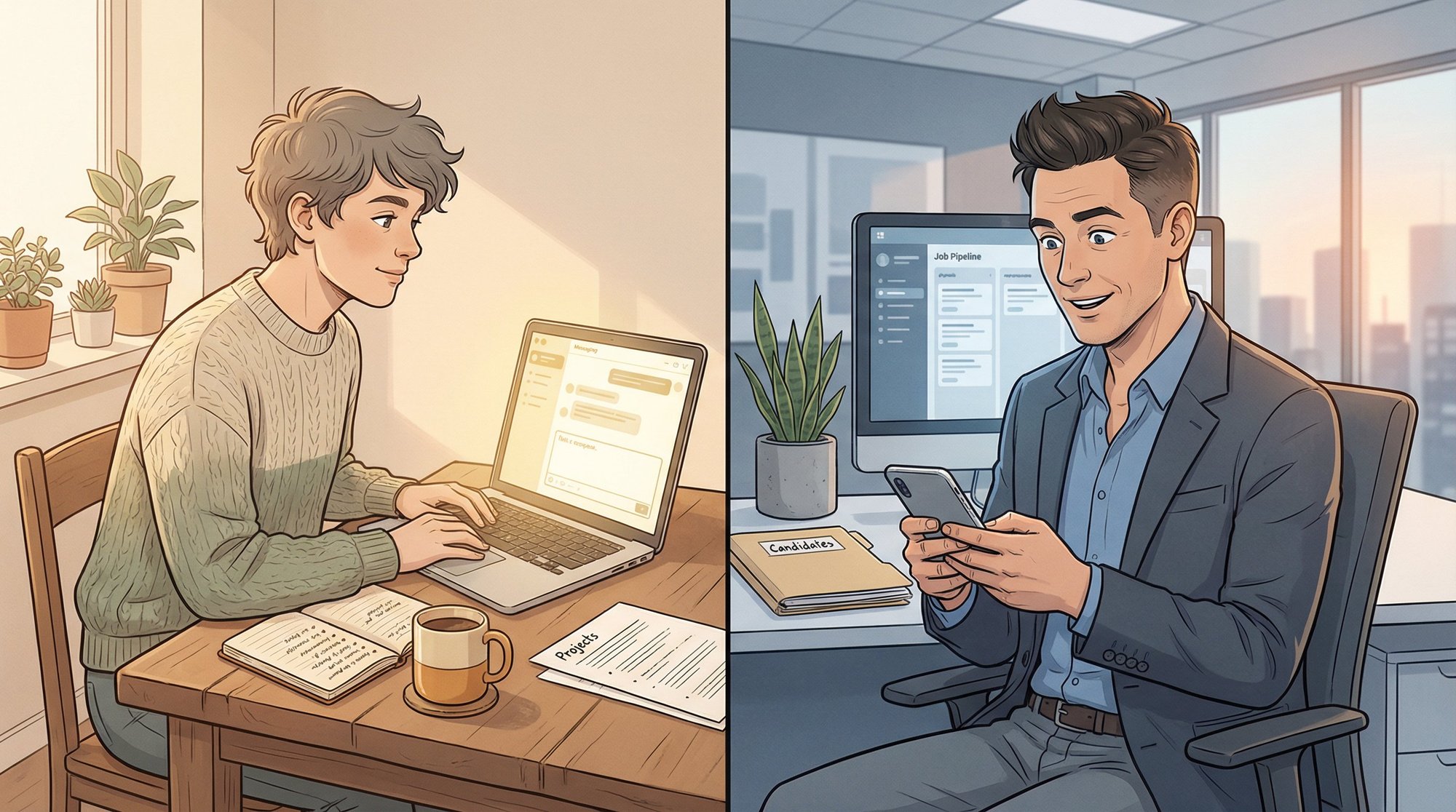 Split-panel illustration: job seeker composing a proof-based outreach message and hiring manager reading it with genuine interest