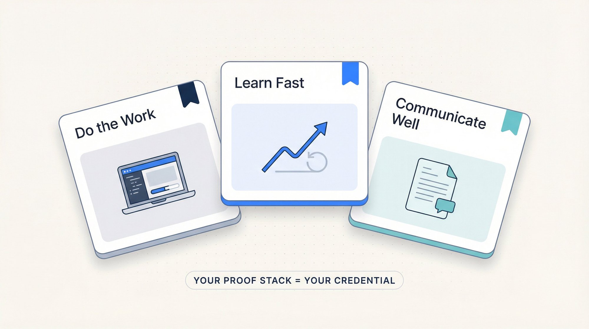 Three labeled proof portfolio cards arranged as a credential stack: Do the Work, Learn Fast, Communicate Well