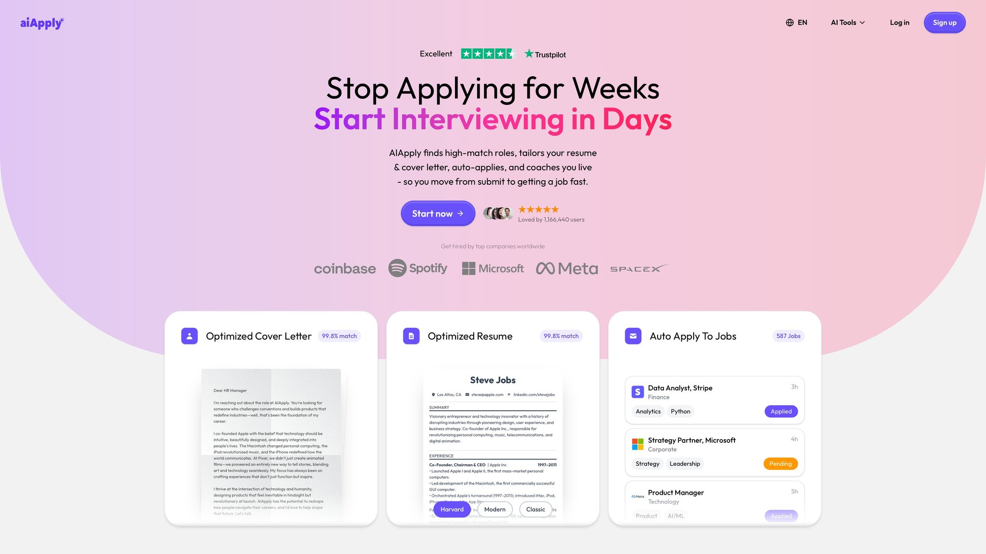 AIApply homepage showing the AI-powered job search platform for building job-matched resumes and automating applications