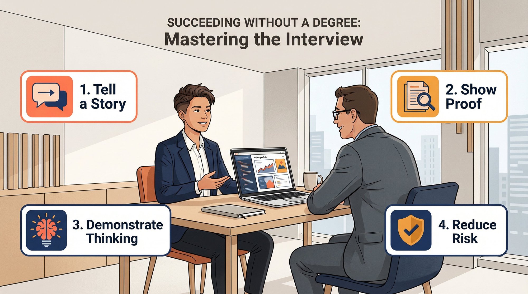 Confident job candidate presenting portfolio in interview with 4-part strategy: Story, Proof, Thinking, Reduce Risk