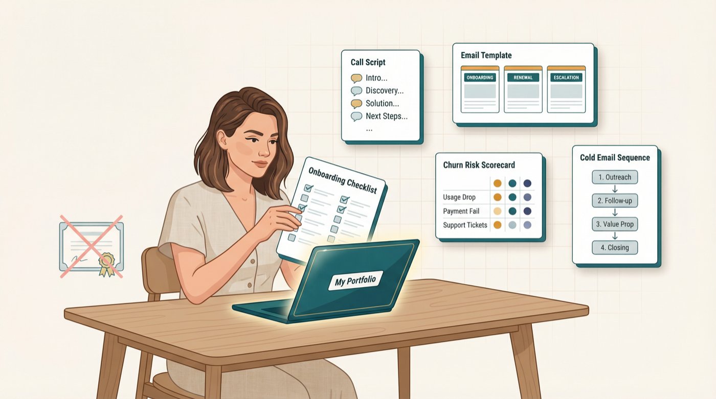Person assembling a tech portfolio from real work artifacts like checklists, email templates, and scorecards — no degree required