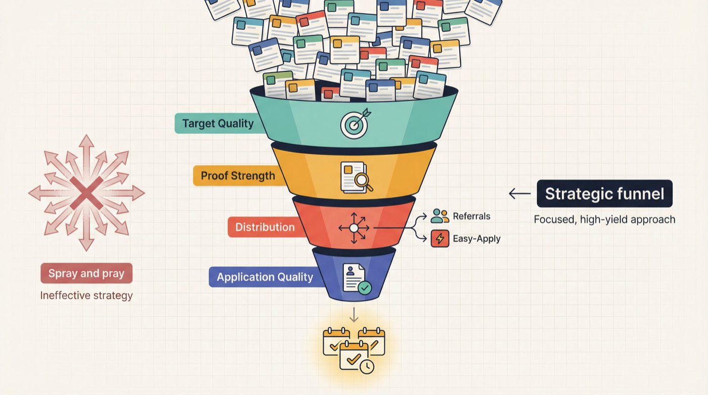 Job search funnel diagram showing four levers — target quality, proof strength, distribution, and application quality — that convert applications into interviews