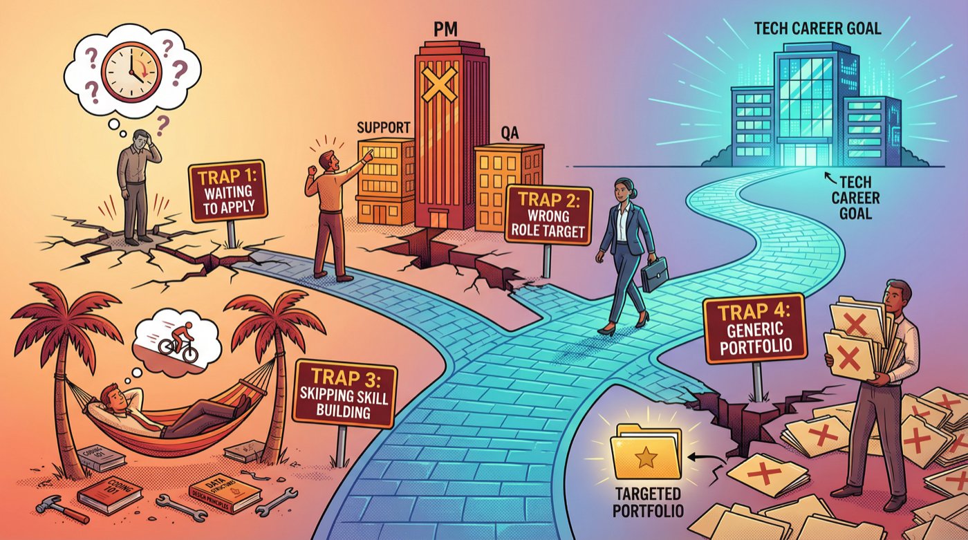 Editorial illustration of 4 common mistakes blocking tech job seekers, shown as labeled pitfall signs on a winding path toward a tech career
