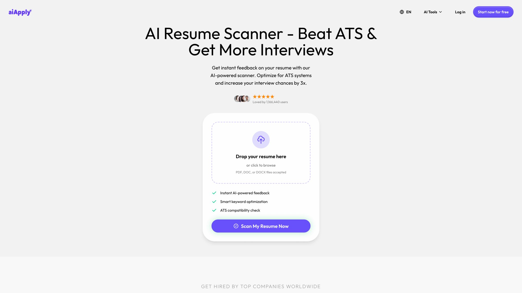 AIApply Resume Scanner analyzing resume for ATS compatibility and keyword optimization