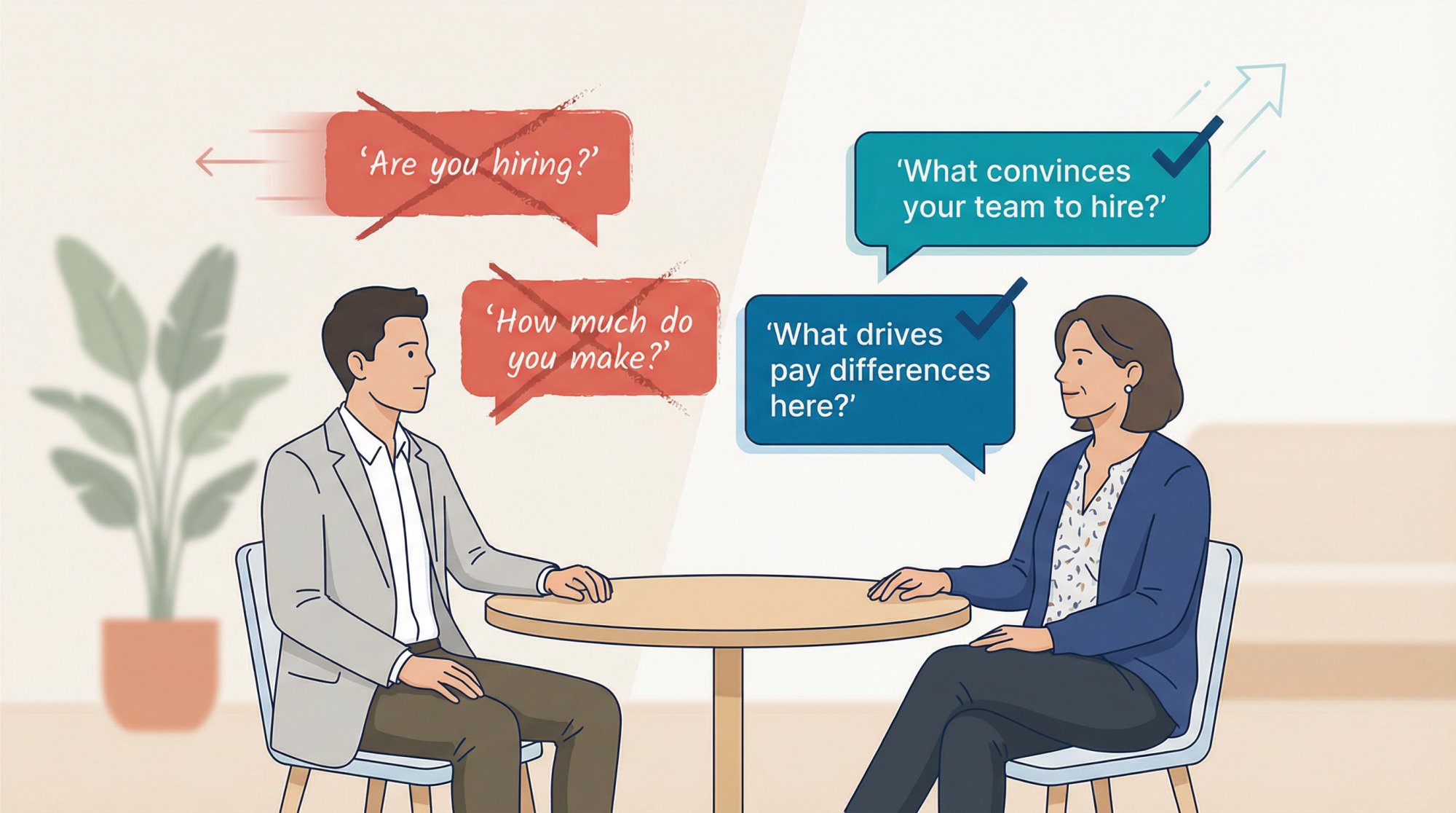 Editorial illustration contrasting bad informational interview questions with smarter alternatives using speech bubbles