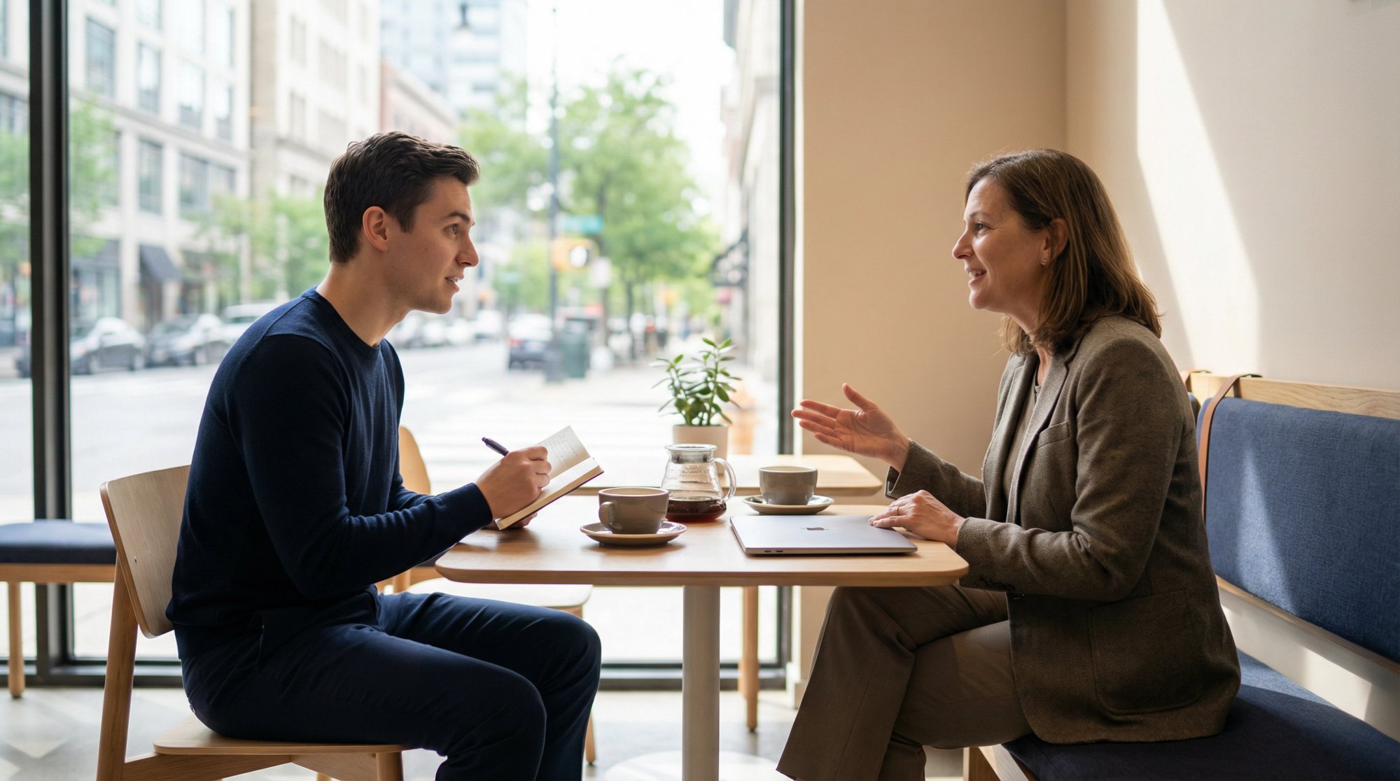 Two professionals having a genuine coffee-shop informational interview conversation, job seeker taking notes