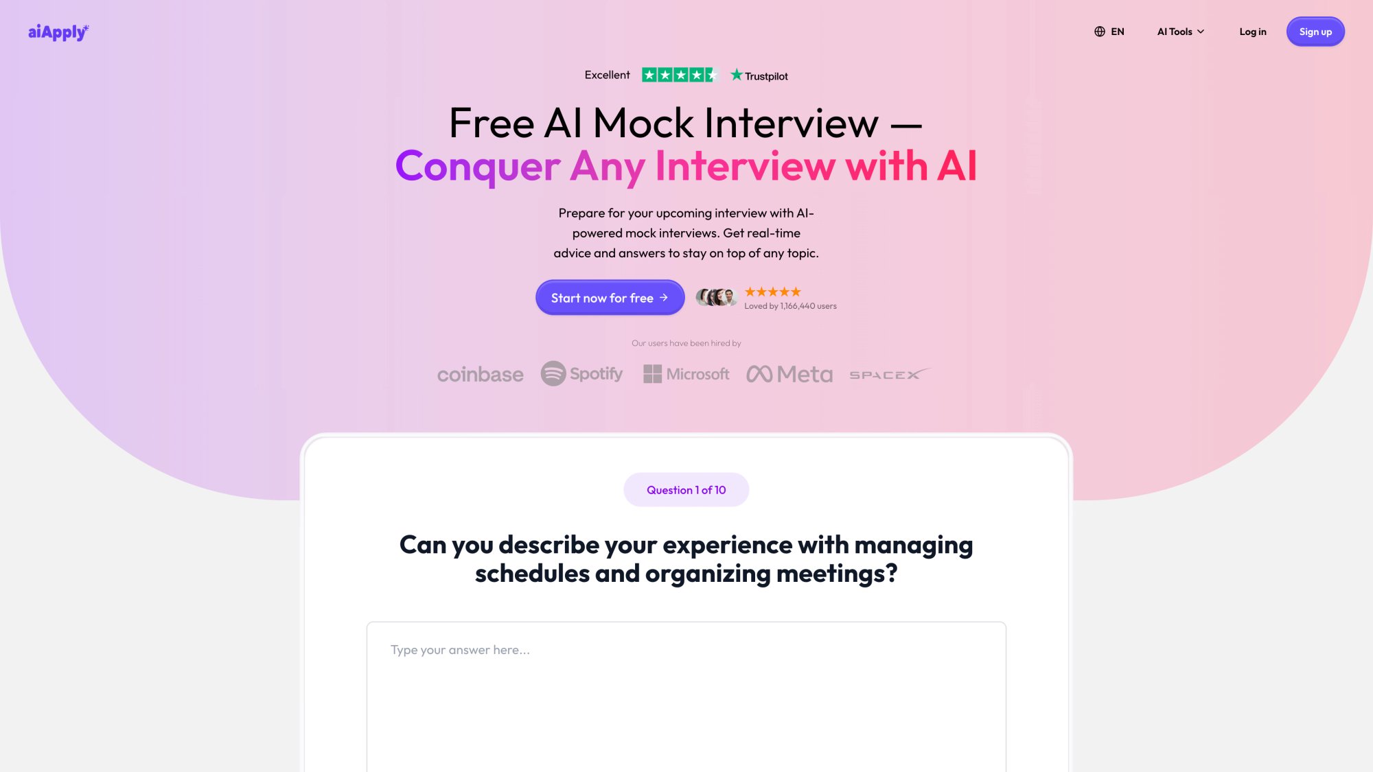AIApply Mock Interview Simulator showing AI-powered practice interviews with job description input and instant feedback