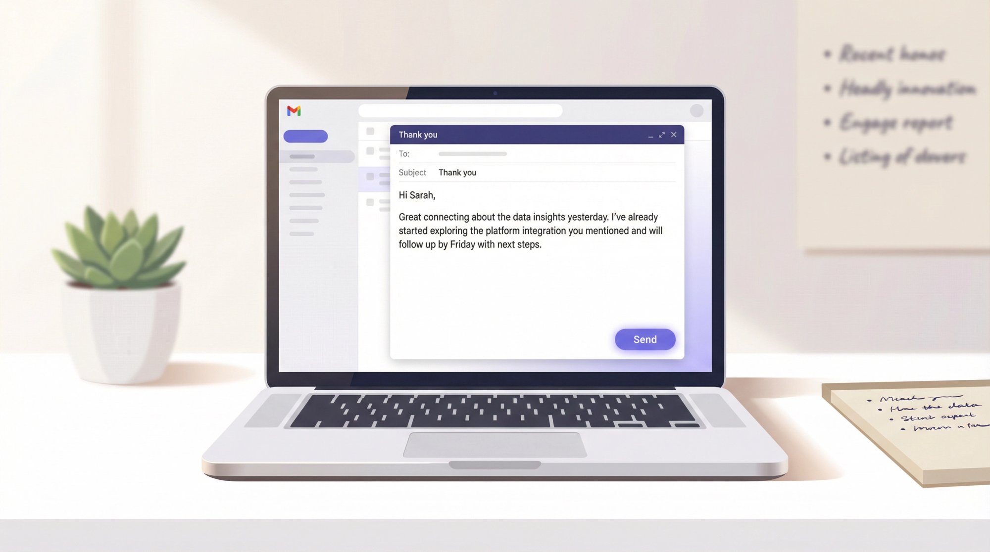 Clean laptop screen showing a thank-you email draft after an informational interview, with a specific insight and planned action visible