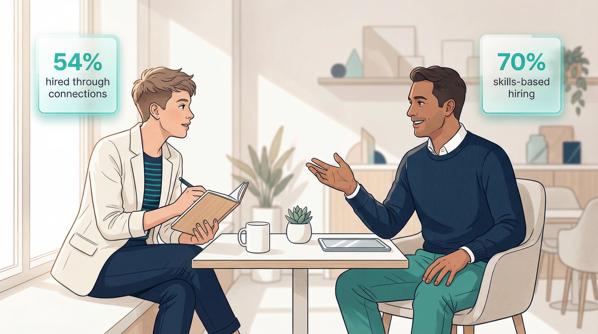 Two professionals in a relaxed one-on-one conversation, one sharing career insights with a job seeker across a modern minimal table