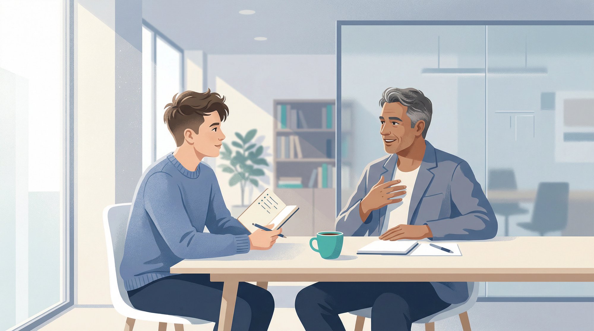 Editorial illustration of two professionals in a purposeful informational interview conversation, representing clarity and focused questioning